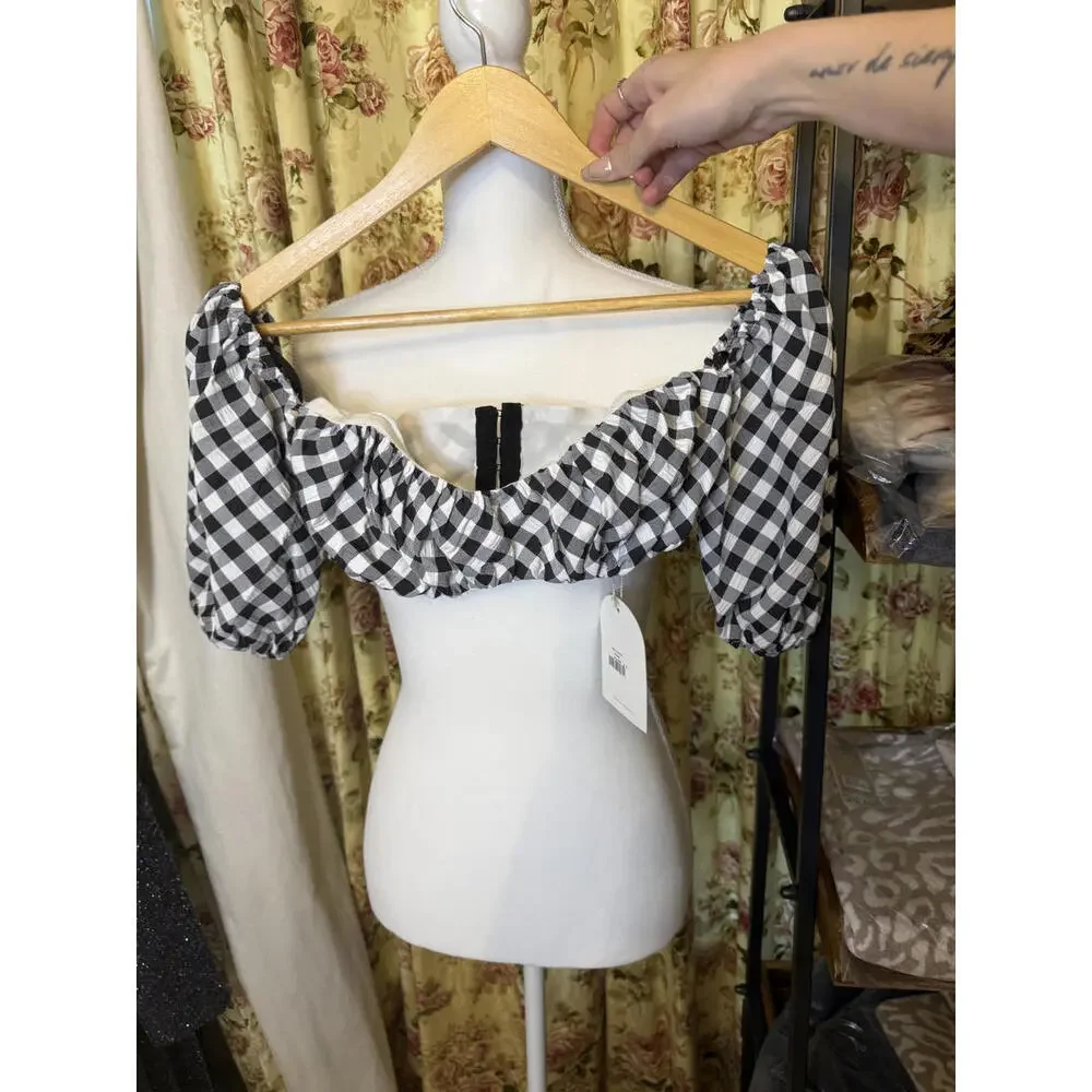 NWT! Rumer the Label Bisou Crop Gingham Puff Sleeve Crop Top XS - Picture 2 of 5